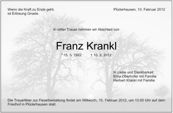 Traueranzeige von Franz Krankl von Kreiszeitung Waiblingen