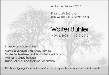 Traueranzeige von Walter Bühler von Kreiszeitung Waiblingen