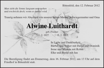Traueranzeige von Alwine Luithardt von Kreiszeitung Waiblingen