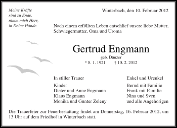 Traueranzeige von Gertrud Engmann von Kreiszeitung Waiblingen