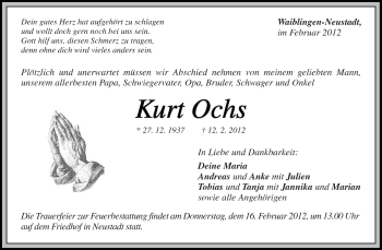 Traueranzeige von Kurt Ochs von Kreiszeitung Waiblingen
