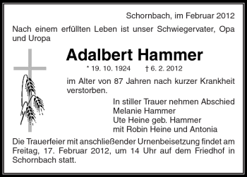 Traueranzeige von Adalbert Hammer von Kreiszeitung Waiblingen