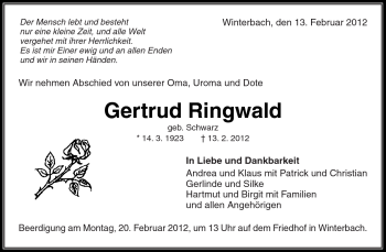 Traueranzeige von Gertrud Ringwald von Kreiszeitung Waiblingen