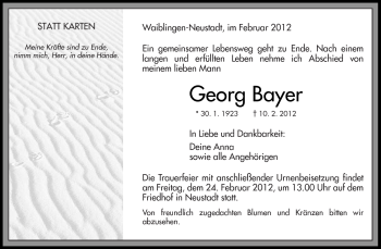 Traueranzeige von Georg Bayer von Kreiszeitung Waiblingen