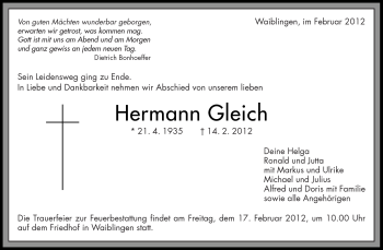 Traueranzeige von Hermann Gleich von Kreiszeitung Waiblingen