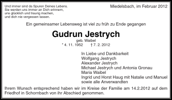 Traueranzeige von Gudrun Jestrych von Kreiszeitung Waiblingen