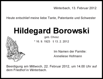 Traueranzeige von Hildegard Borowski von Kreiszeitung Waiblingen