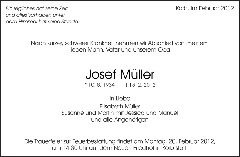  Traueranzeige für Josef Müller vom 16.02.2012 aus Kreiszeitung Waiblingen
