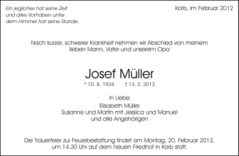 Traueranzeige von Josef Müller von Kreiszeitung Waiblingen