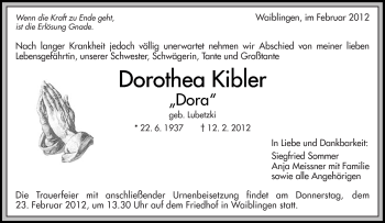Traueranzeige von Dorothea Kibler von Kreiszeitung Waiblingen