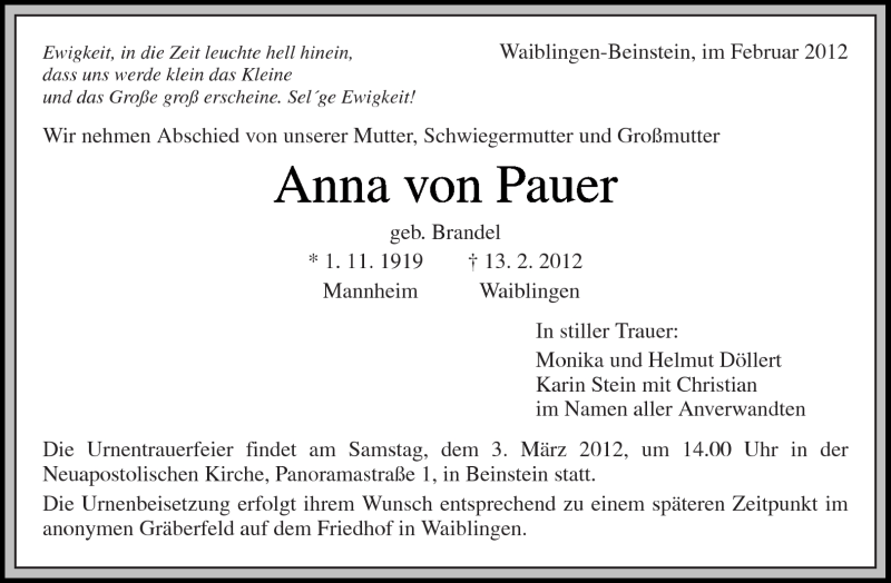  Traueranzeige für Anna von Pauer vom 18.02.2012 aus Kreiszeitung Waiblingen