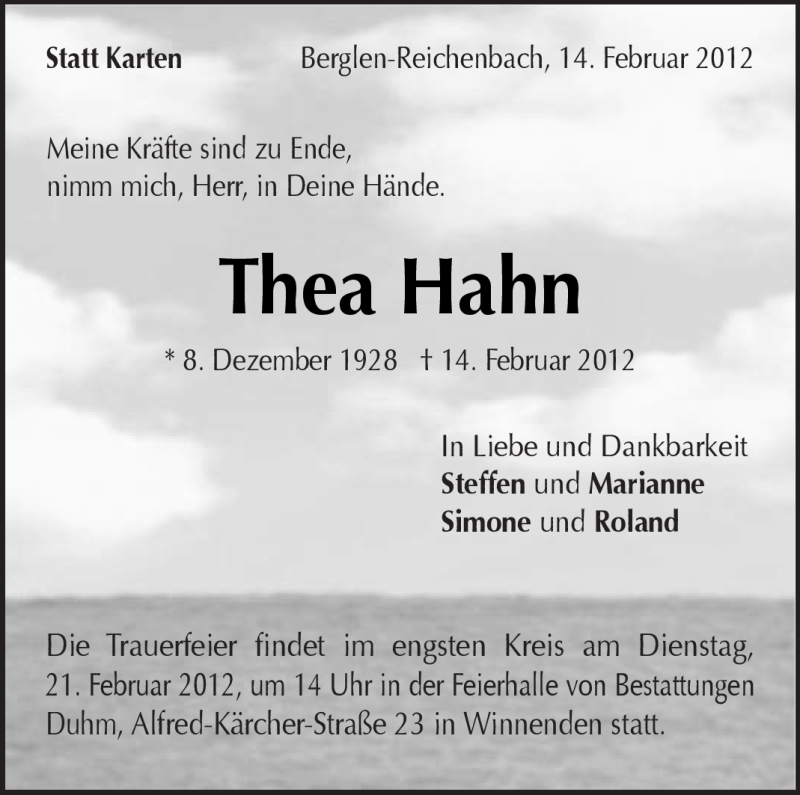 Traueranzeige für Thea Hahn vom 16.02.2012 aus Kreiszeitung Waiblingen