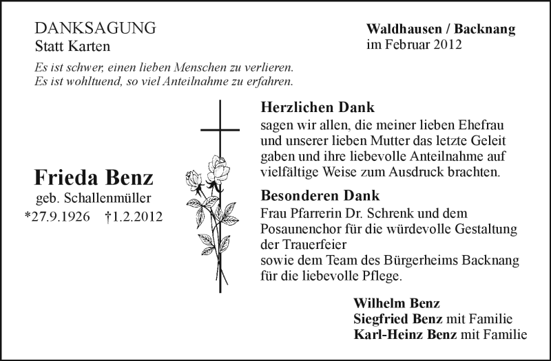  Traueranzeige für Frieda Benz vom 20.02.2012 aus Kreiszeitung Waiblingen