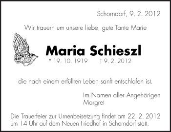 Traueranzeige von Maria Schieszl von Kreiszeitung Waiblingen