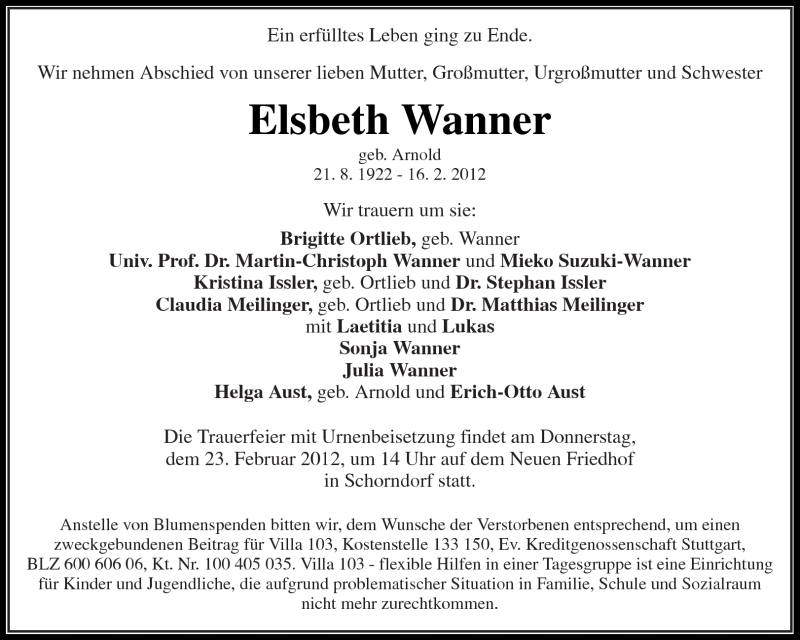  Traueranzeige für Elsbeth Wanner vom 18.02.2012 aus Kreiszeitung Waiblingen