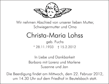 Traueranzeige von Christa-Maria Lohss von Kreiszeitung Waiblingen