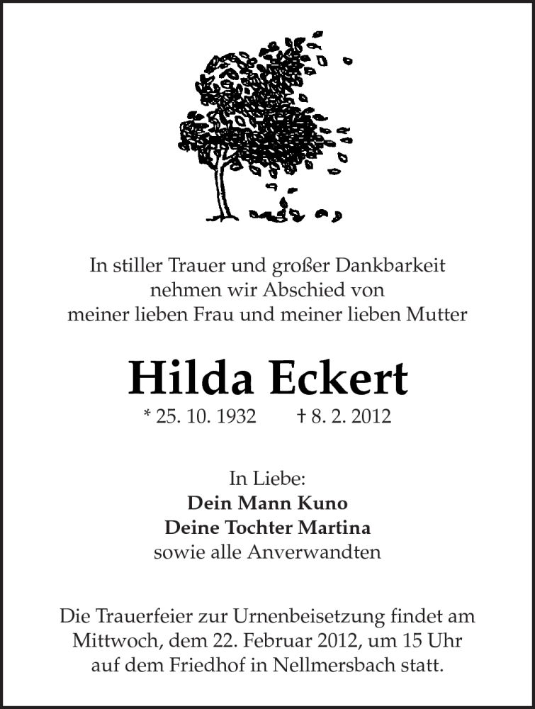  Traueranzeige für Hilda Eckert vom 18.02.2012 aus Kreiszeitung Waiblingen