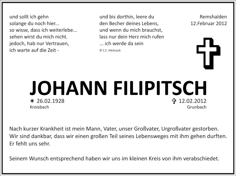  Traueranzeige für Johann Filipitsch vom 18.02.2012 aus Kreiszeitung Waiblingen