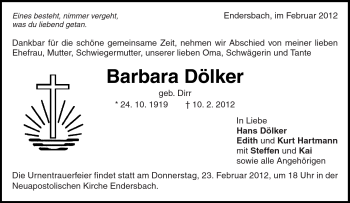 Traueranzeige von Barbara Dölker von Kreiszeitung Waiblingen