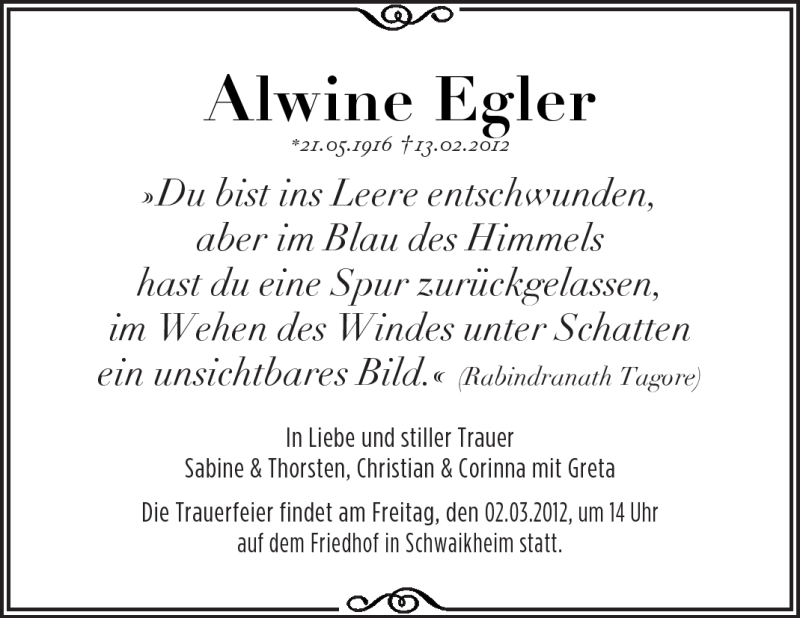  Traueranzeige für Alwine Egler vom 18.02.2012 aus Kreiszeitung Waiblingen