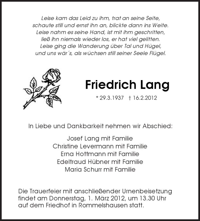  Traueranzeige für Friedrich Lang vom 20.02.2012 aus Kreiszeitung Waiblingen