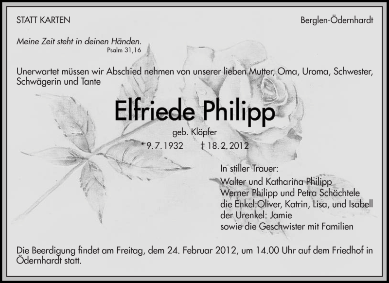  Traueranzeige für Elfriede Philipp vom 21.02.2012 aus Kreiszeitung Waiblingen