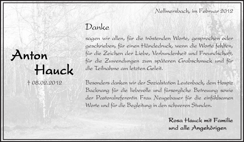  Traueranzeige für Anton Heck vom 21.02.2012 aus Kreiszeitung Waiblingen