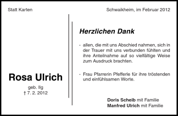 Traueranzeige von Rosa Ulrich von Kreiszeitung Waiblingen