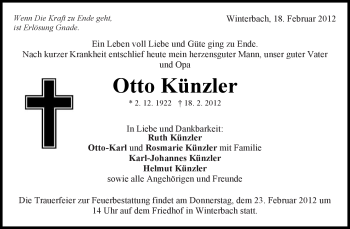 Traueranzeige von Otto Künzler von Kreiszeitung Waiblingen