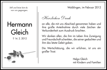 Traueranzeige von Herman Gleich von Kreiszeitung Waiblingen