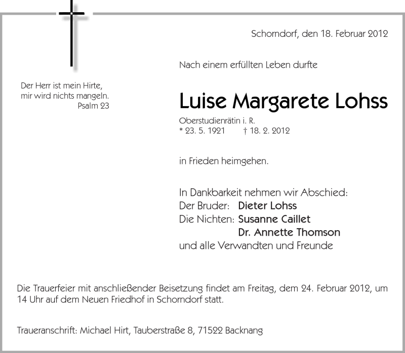  Traueranzeige für Luise Margarete Lohss vom 22.02.2012 aus Kreiszeitung Waiblingen