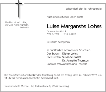 Traueranzeige von Luise Margarete Lohss von Kreiszeitung Waiblingen