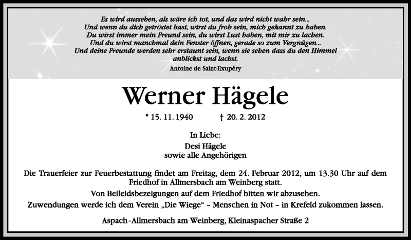 Traueranzeige für Werner Hägele vom 22.02.2012 aus Kreiszeitung Waiblingen