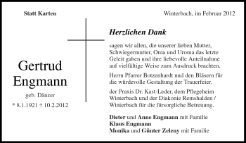 Traueranzeige von Gertrud Engmann von Kreiszeitung Waiblingen