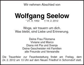 Traueranzeige von Wolfgang Seelow von Kreiszeitung Waiblingen