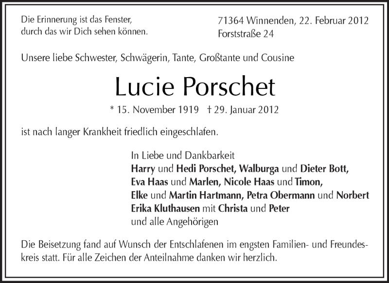  Traueranzeige für Lucie Porschet vom 22.02.2012 aus Kreiszeitung Waiblingen