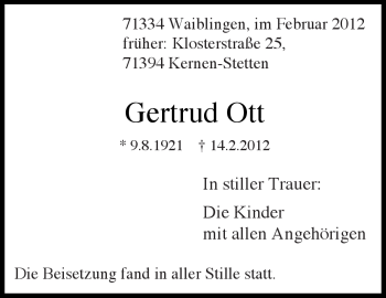 Traueranzeige von Gertrud Ott von Kreiszeitung Waiblingen