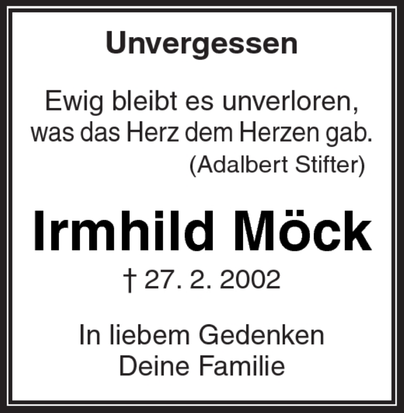  Traueranzeige für Irmhild Möck vom 27.02.2012 aus Kreiszeitung Waiblingen