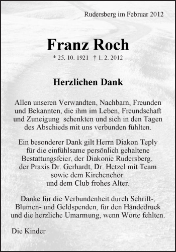 Traueranzeige von Franz Roch von Kreiszeitung Waiblingen