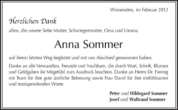 Traueranzeige von Anna Sommer von Kreiszeitung Waiblingen