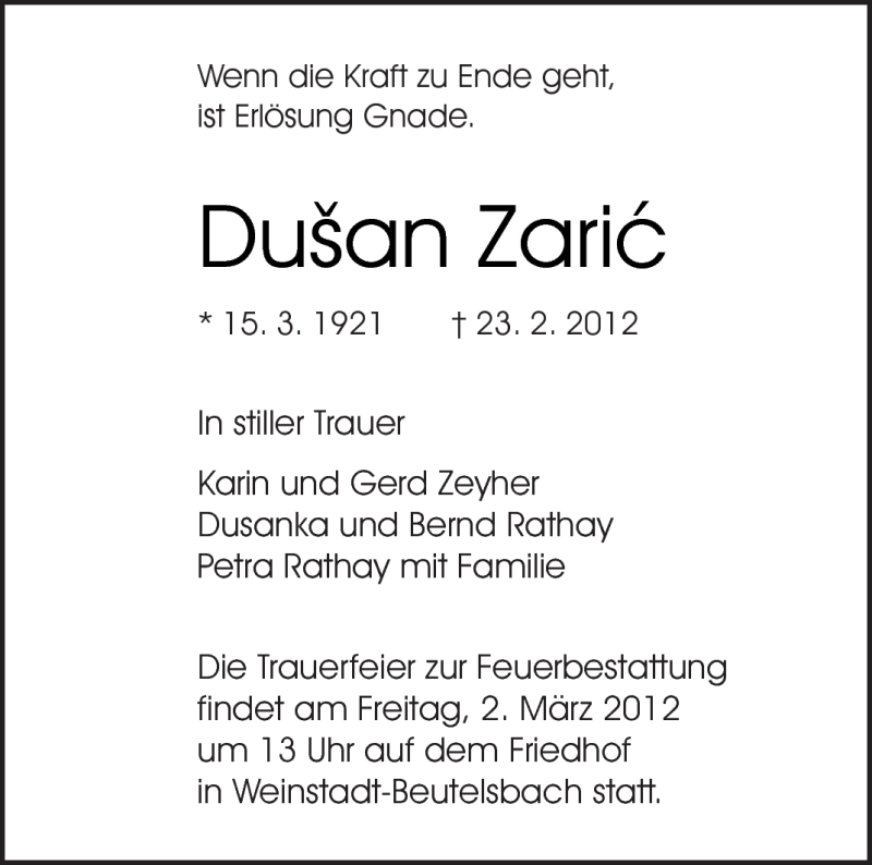  Traueranzeige für Dusan Zaric vom 27.02.2012 aus Kreiszeitung Waiblingen