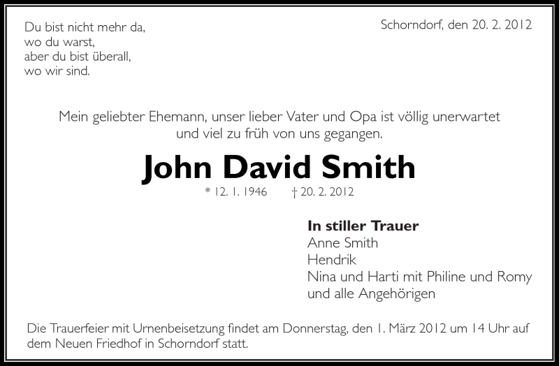  Traueranzeige für John David Smith vom 25.02.2012 aus Kreiszeitung Waiblingen