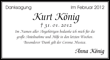 Traueranzeige von Kurt König von Kreiszeitung Waiblingen
