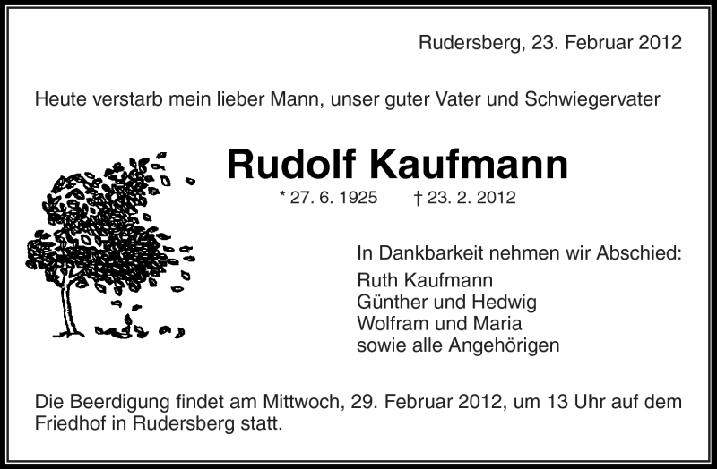  Traueranzeige für Rudolf Kaufmann vom 27.02.2012 aus Kreiszeitung Waiblingen