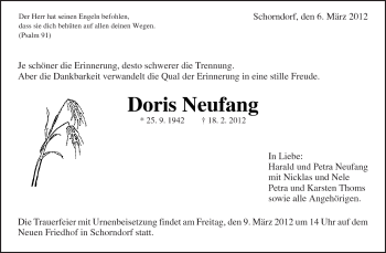 Traueranzeige von Doris Neufang von Kreiszeitung Waiblingen