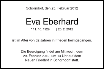 Traueranzeige von Eva Eberhard von Kreiszeitung Waiblingen