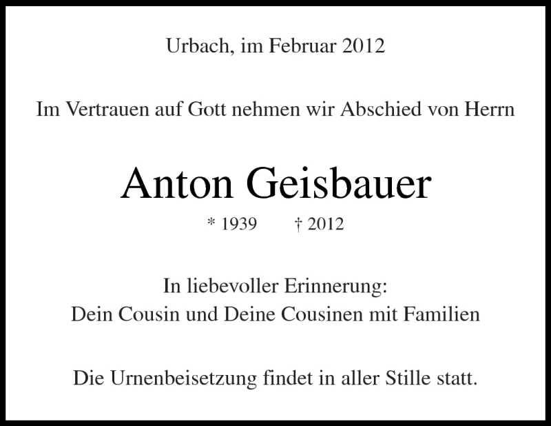  Traueranzeige für Anton Geisbauer vom 29.02.2012 aus Kreiszeitung Waiblingen