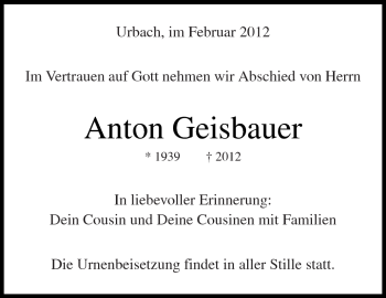 Traueranzeige von Anton Geisbauer von Kreiszeitung Waiblingen