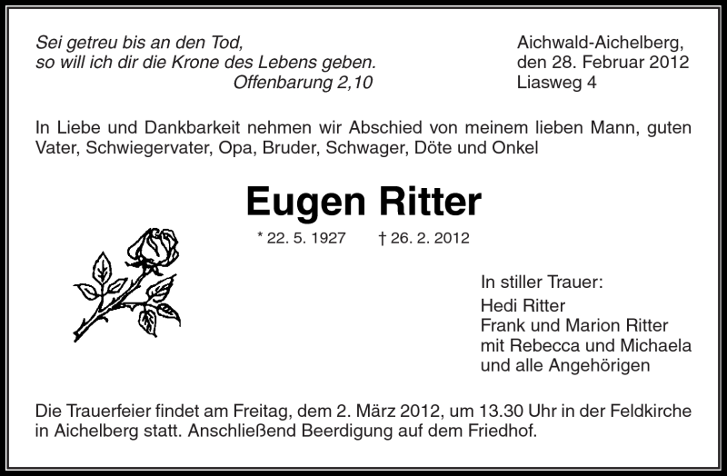  Traueranzeige für Eugen Ritter vom 28.02.2012 aus Kreiszeitung Waiblingen