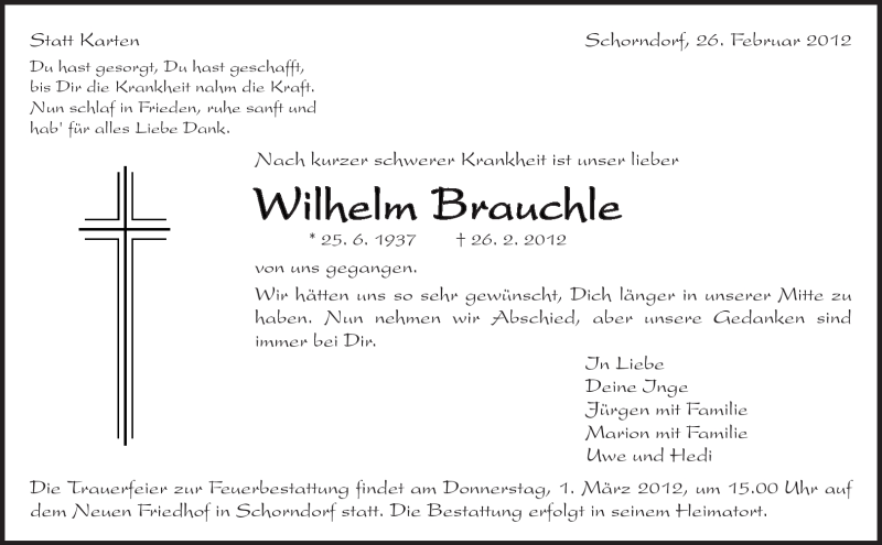  Traueranzeige für Wilhelm Brauchle vom 28.02.2012 aus Kreiszeitung Waiblingen